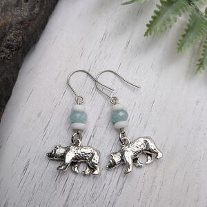 Charming Silver Bear Earrings with Blue and White Beads